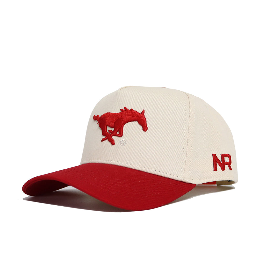 The Classic SMU Hat (B2B) by No Rivals is a white cotton snapback with a red bill, featuring a red embroidered running horse on the front and "NR" on the side—ideal for your next gameday look.