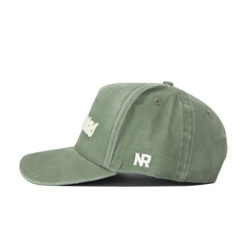 The Arkansas Home Turf Hat is a green washed cotton cap with a curved brim, white embroidered NR letters on the side, crown eyelets for ventilation, and a structured fit, shown from the side.