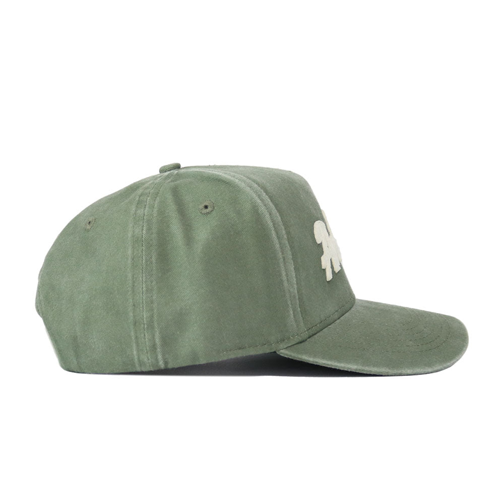 The Arkansas Home Turf Hat is a green structured snapback with a flat brim, side view. It features detailed stitching and a small white embroidered logo on the front panel.