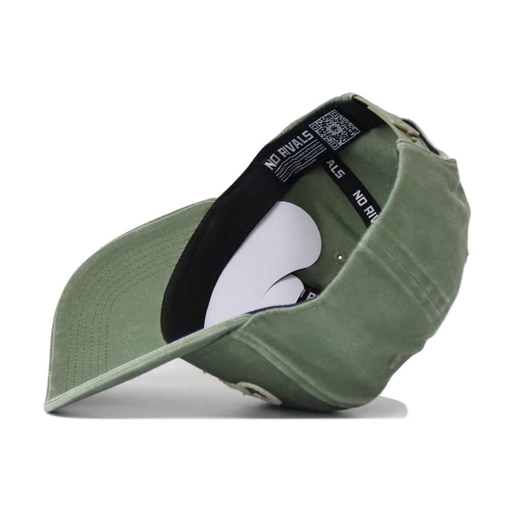 The California Home Turf Hat is shown from the side, revealing its structured green design with a black "NO RIVALS" sweatband, white crown insert, and an adjustable snap back strap.
