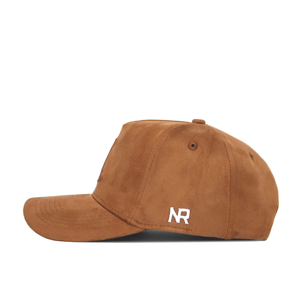 The No Rivals App State Heritage Hat is a brown suede snapback with a structured fit and white NR embroidery near the back, shown from the side.