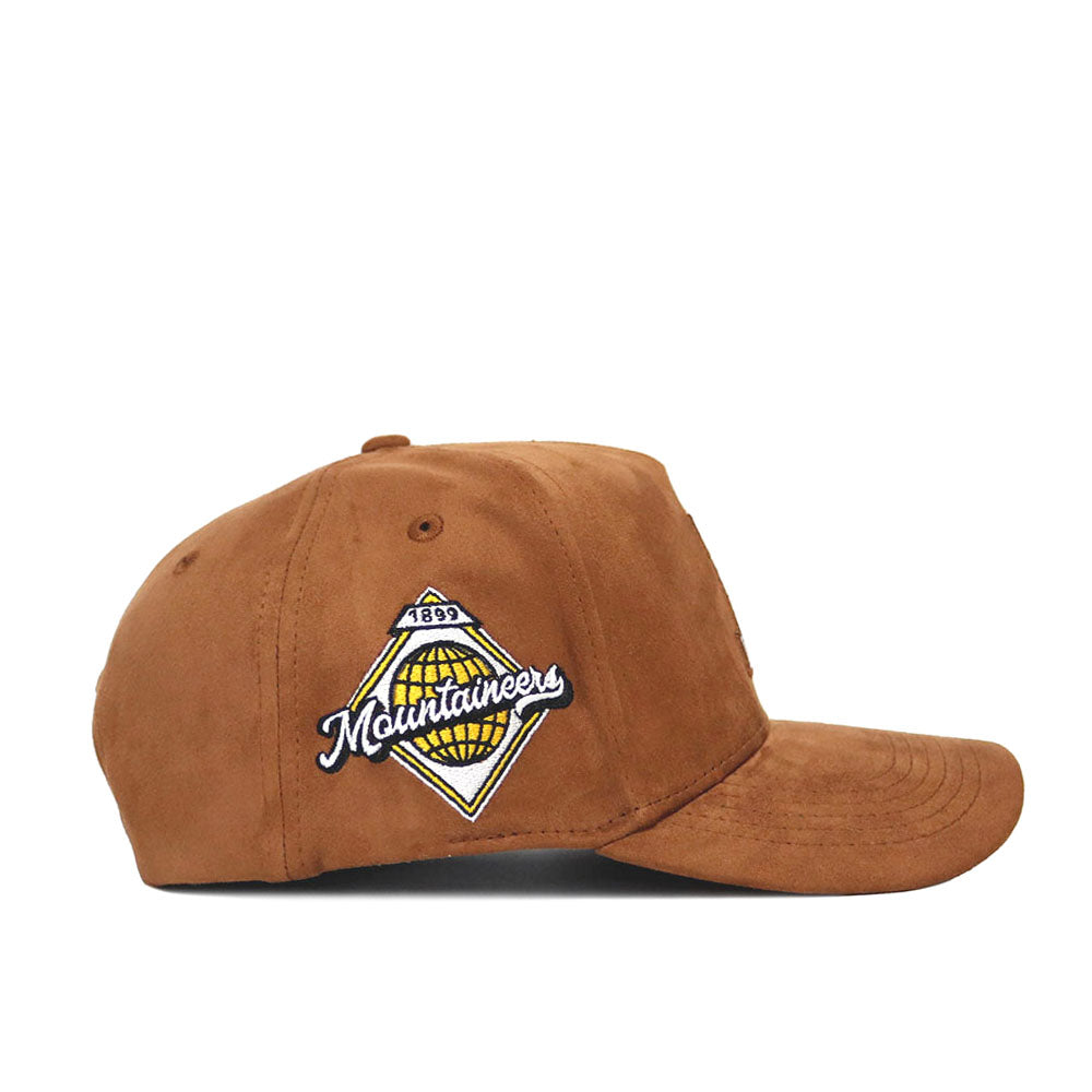 Side view of the No Rivals App State Heritage Hat, a brown suede snapback with a diamond-shaped yellow and white Mountaineers patch on the side and a structured fit for lasting shape.