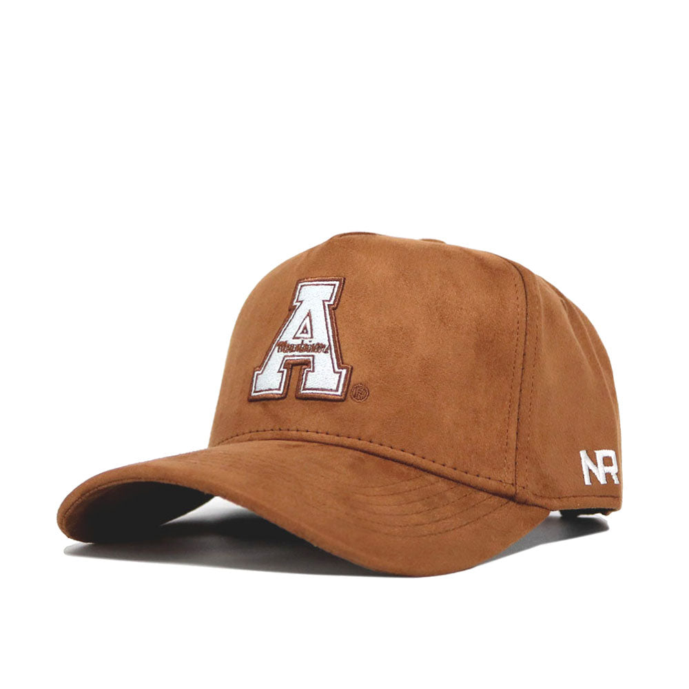 The No Rivals App State Heritage Hat is a brown suede snapback with a white embroidered A on the front and NR on the side, featuring a structured fit and shown on a white background.