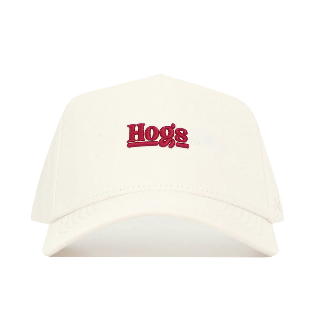The Arkansas Sideline Hat by No Rivals is a white snapback made from high-quality cotton, featuring "Hogs" embroidered in red on the front.