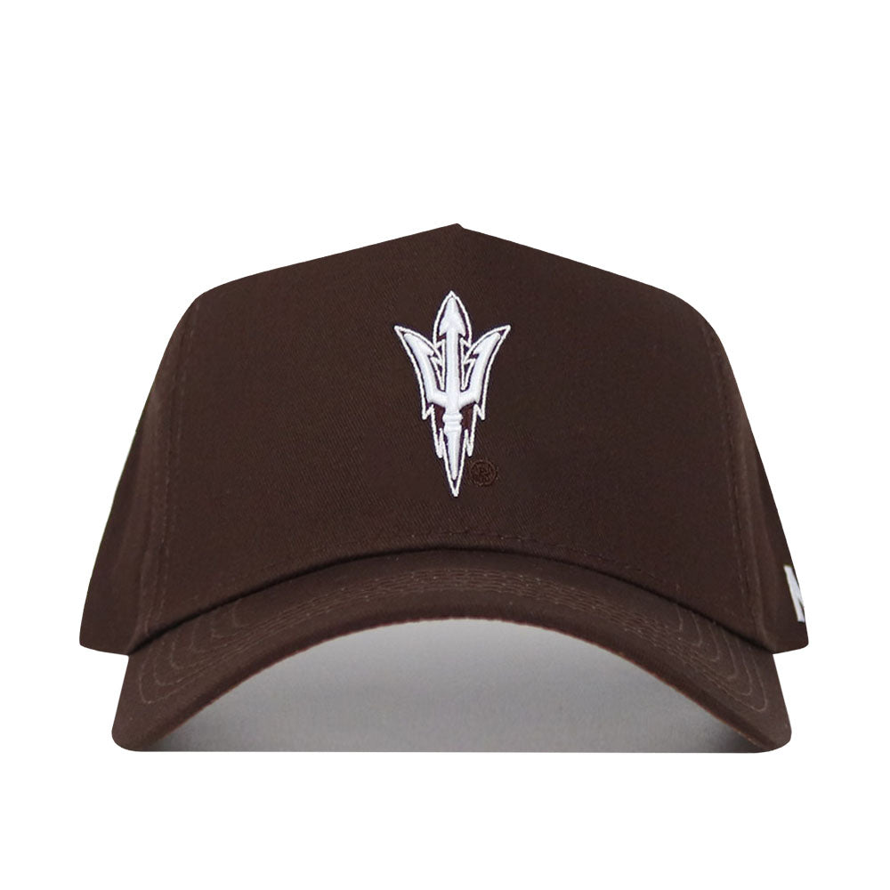 The Arizona State Americano Hat is a brown, structured baseball cap made of high-quality cotton with a white embroidered trident logo on the front, shown against a plain white background.