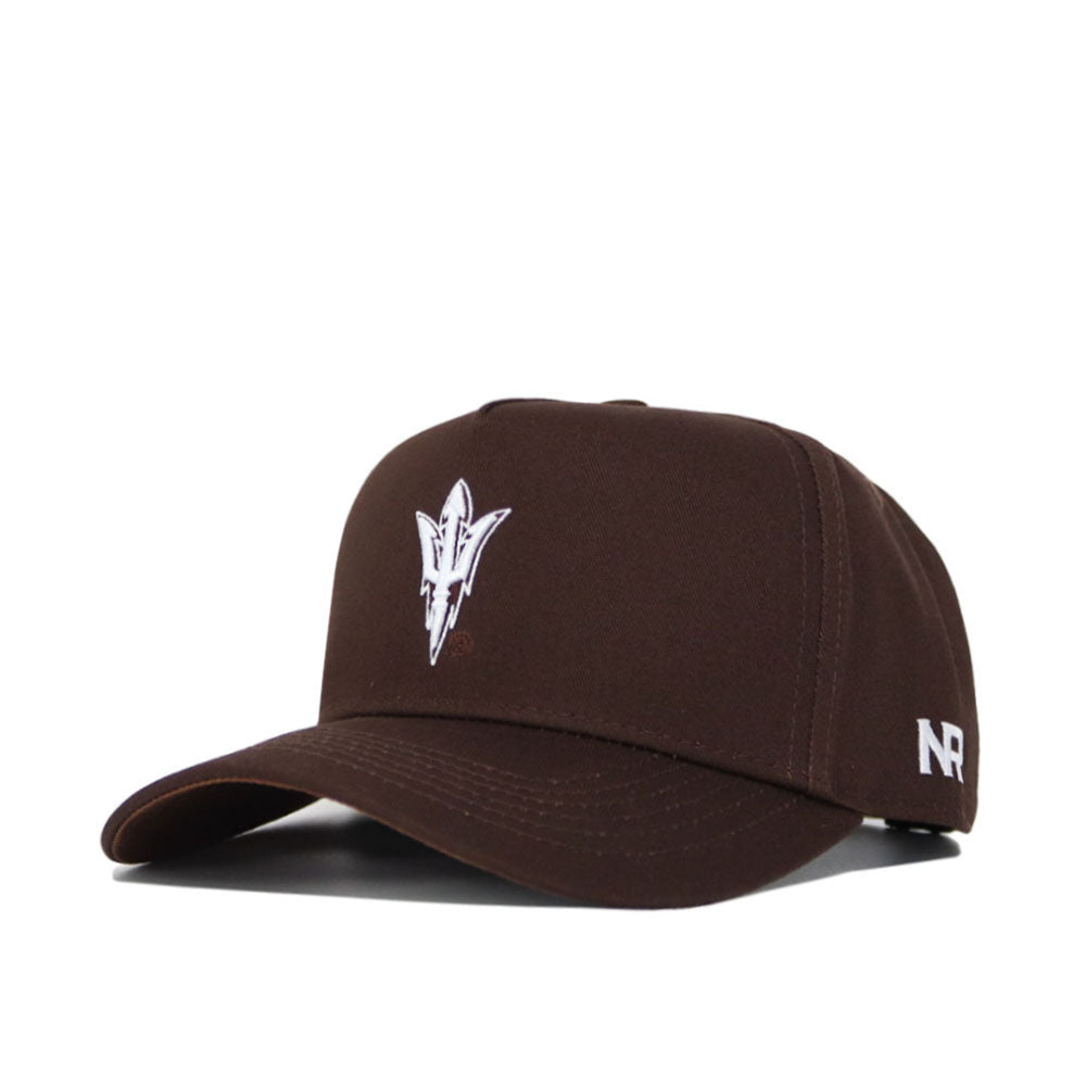 The Arizona State Americano Hat is a brown snapback with a white embroidered pitchfork logo on the front and “NR” stitched on the side, crafted from high-quality cotton for a comfortable, structured fit.