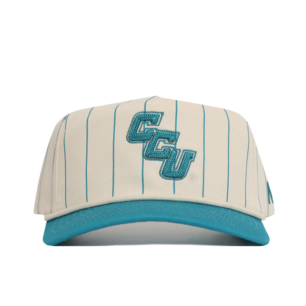 The No Rivals Coastal Carolina Pinstripe Hat features a cream base, teal pinstripes, and brim, with overlapping teal "CCU" embroidery on the front. Made of quality cotton, it offers snapback adjustment for comfort.