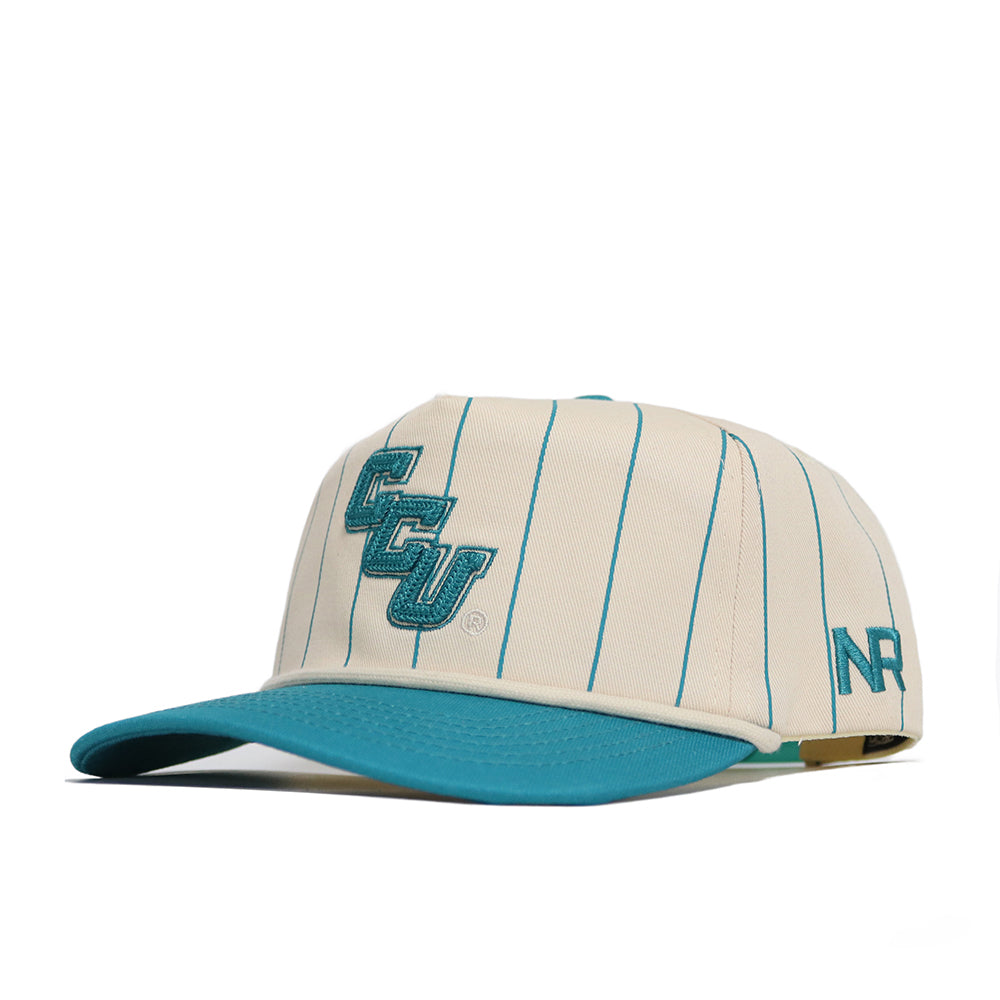 The Coastal Carolina Pinstripe Hat by No Rivals is a cream baseball cap with teal pinstripes, embroidered CCU on the front, NR on the side, a teal brim and button, high-quality cotton fabric, and an adjustable snapback fit.