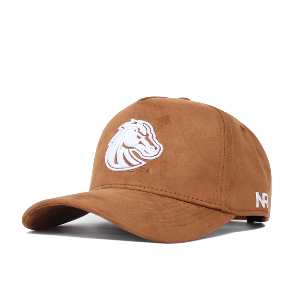 The No Rivals Boise State Heritage Hat is a brown suede baseball cap with a white embroidered horse head logo on the front and white NR letters on the side, displayed against a white background.