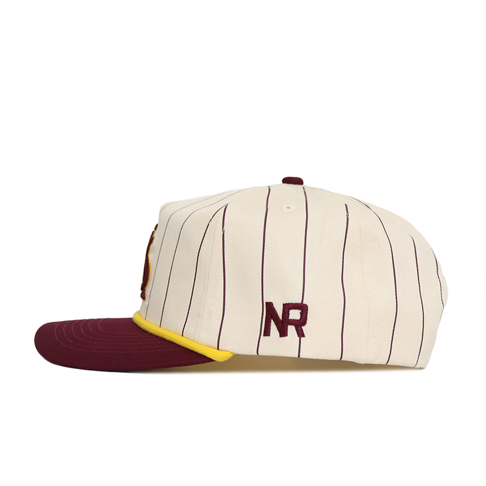 The No Rivals Arizona State Pinstripe Hat features a cream base with thin maroon stripes, a maroon brim, yellow trim, and an embroidered maroon NR on the side. It offers an unstructured fit and snap back adjustment for most head sizes.