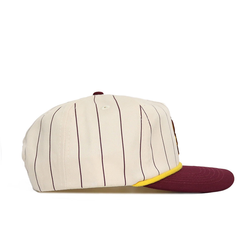 The No Rivals Arizona State Pinstripe Hat features cream fabric with maroon pinstripes, a maroon bill, yellow front band, unstructured fit for relaxed style, and an adjustable design for most sizes. Shown in side view.