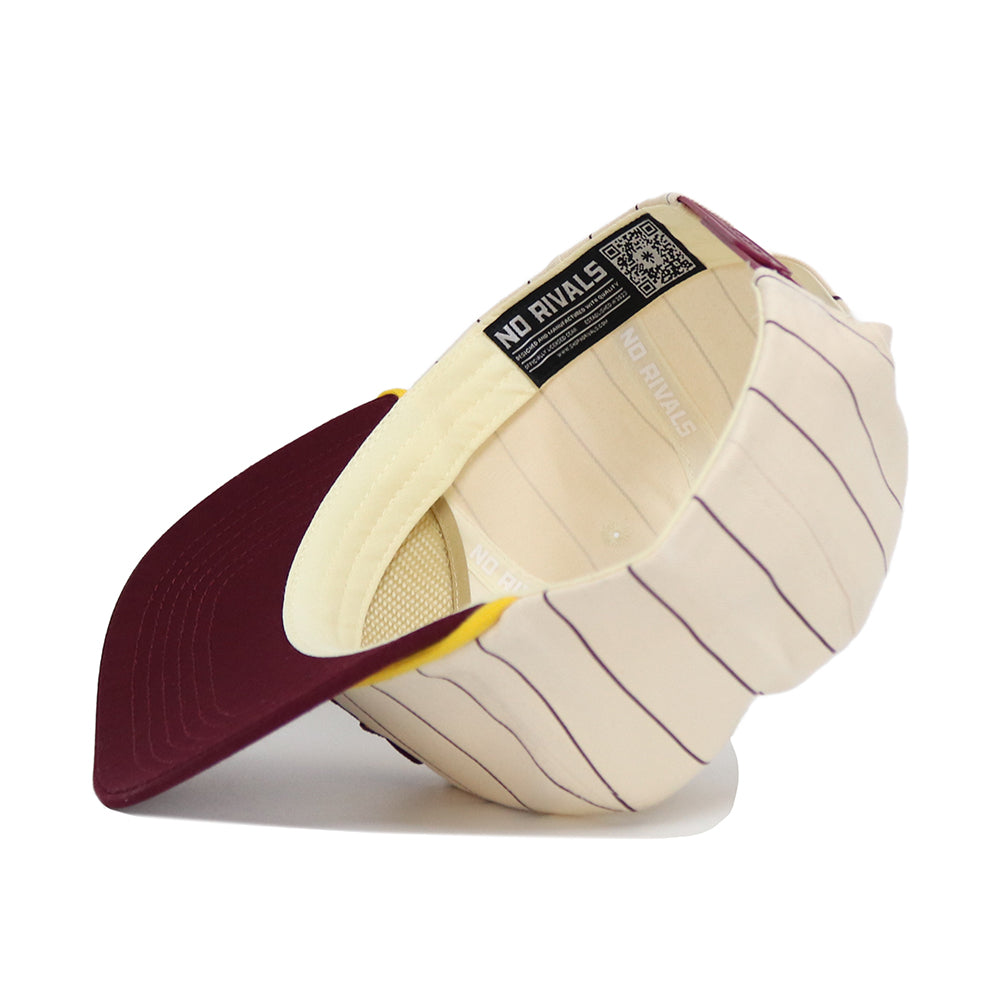 The Arizona State Pinstripe Hat by No Rivals is displayed upside down, showing its maroon underside brim, a bold NO RIVALS label inside, thin maroon stripes on cream fabric, and an adjustable snapback for a one-size-fits-most fit.
