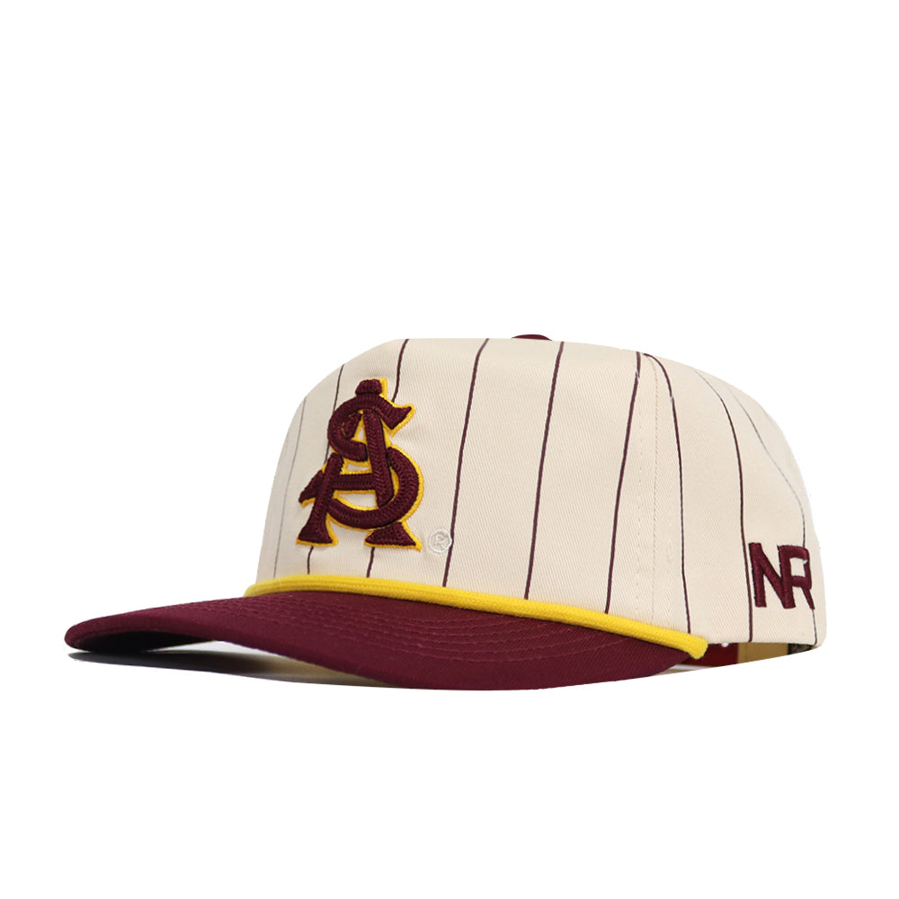 The Arizona State Pinstripe Hat by No Rivals features a cream base with maroon pinstripes, maroon brim, yellow trim, large “AS” front logo, and “NR” on the side. It offers an unstructured fit with snapback adjustment for most sizes.