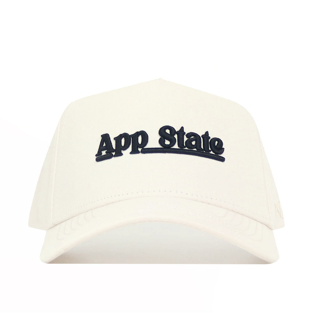 The No Rivals App State Sideline Hat is a white baseball cap with "App State" embroidered in black on the front and a structured fit for lasting shape and style.