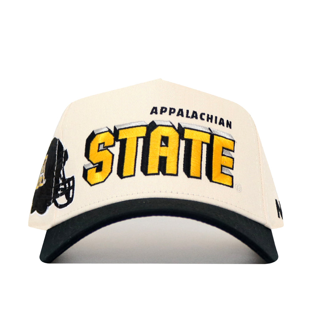 The No Rivals App State Alma Mater Hat - Classic is a white and black baseball cap with bold yellow and black "APPALACHIAN STATE" lettering, a football helmet graphic on the left, and an officially licensed structured fit for comfort.