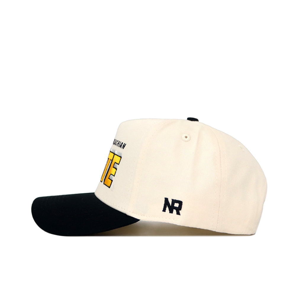 The No Rivals App State Alma Mater Hat - Classic is a white cap with a black brim, yellow and black front text, and NR initials embroidered in black on the side. It features a structured fit, snapback closure, and is shown from a side angle on a white background.
