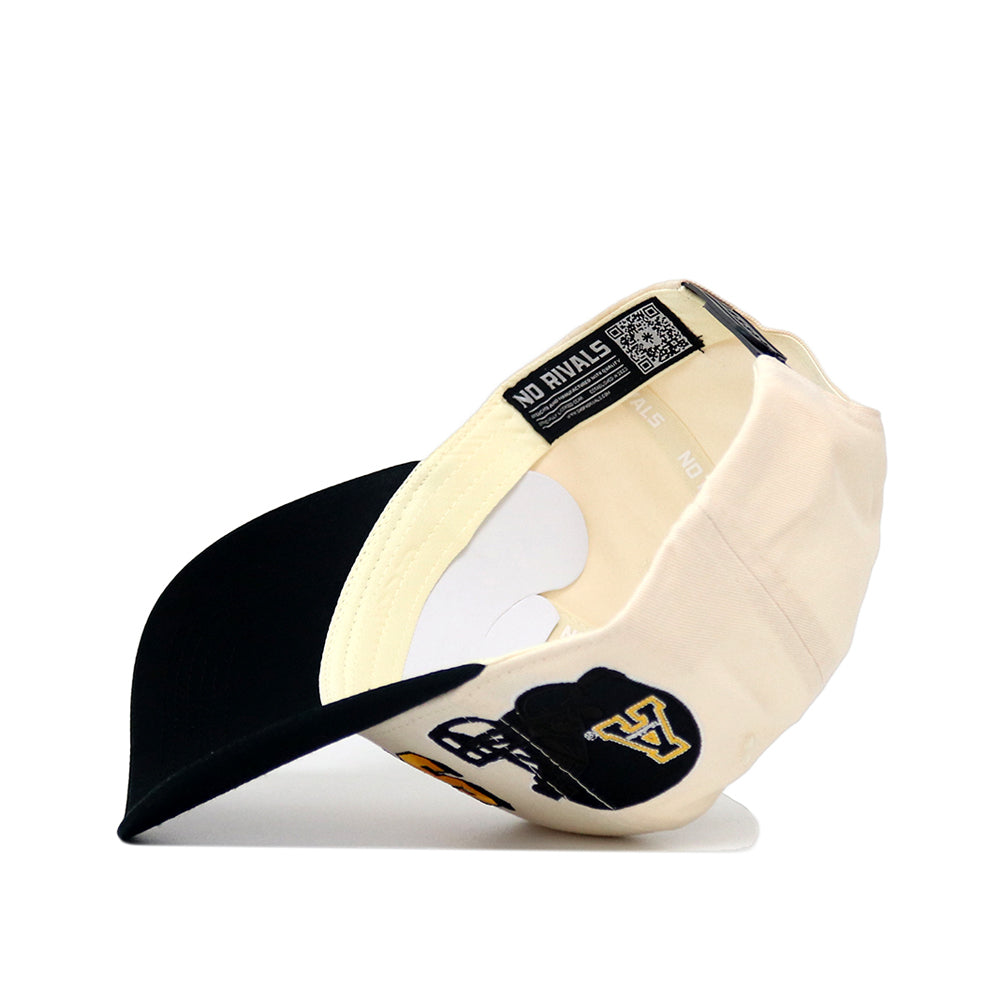 The App State Alma Mater Hat - Classic by No Rivals features a cream and black design, Snap Back Adjustment, inside NO RIVALS label with QR code, plus a black and yellow logo and black embroidered graphic on the outside.