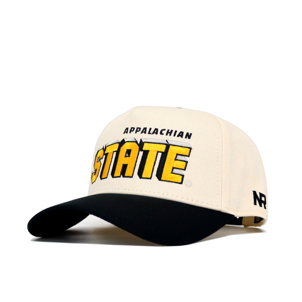 The App State Alma Mater Hat - Classic by No Rivals is an officially licensed cream cap with a structured fit, black brim, bold yellow and black APPALACHIAN STATE text, NR embroidery on the side, and a snapback for comfort.