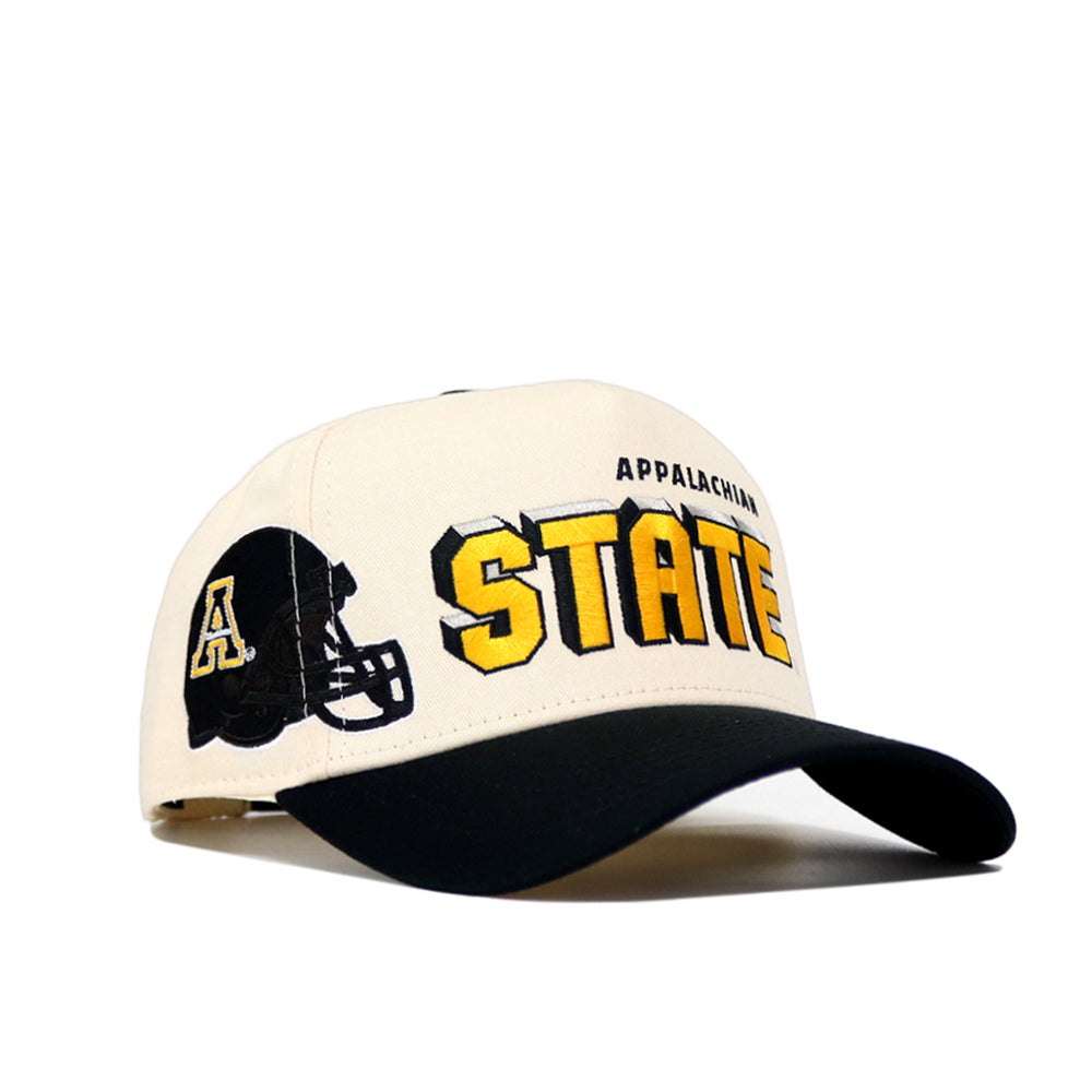 The No Rivals App State Alma Mater Hat - Classic is a white and black baseball cap featuring a black football helmet with a yellow "A" and bold APPALACHIAN STATE text. Officially licensed, it has a structured fit for lasting shape.