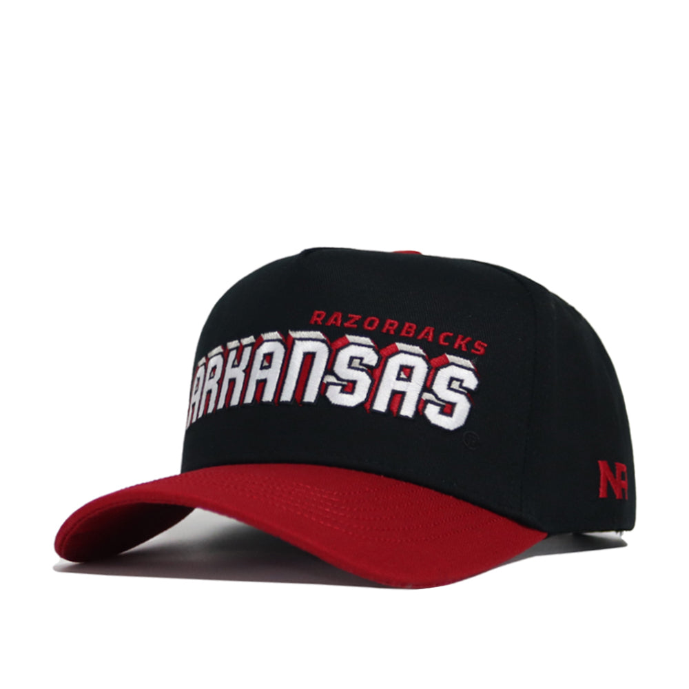 The Arkansas Courtside Hat is a black and red snapback with ARKANSAS in large white letters and RAZORBACKS in small red above. It features a structured fit, red bill, side N logo, and is made from high quality cotton.