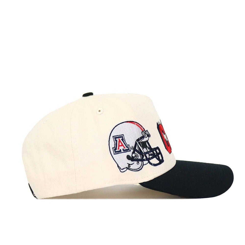 The No Rivals Arizona Alma Mater Hat - Classic is a structured snapback, white with a black brim, featuring an embroidered red and blue A logo football helmet on the side.