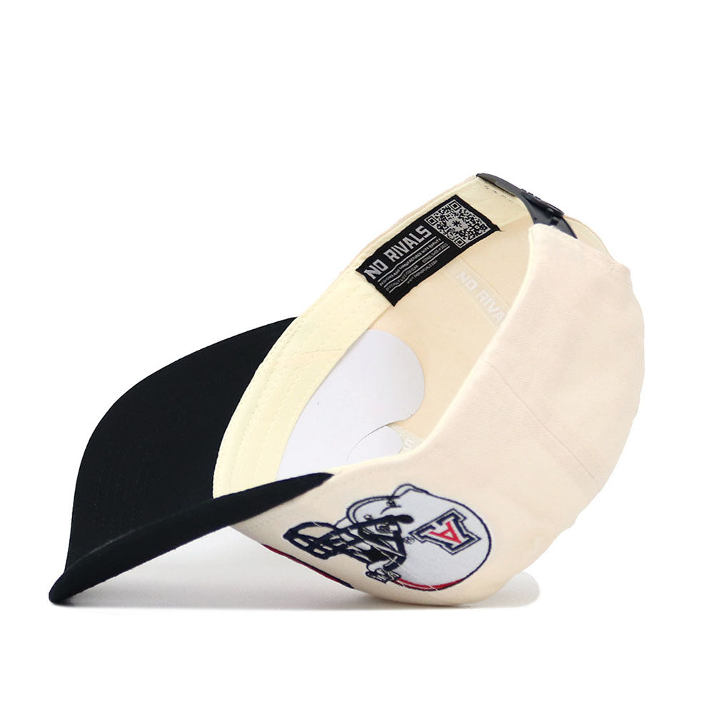 The No Rivals Arizona Alma Mater Hat - Classic is a beige and black snapback featuring a wildcat logo in a cap, crafted from quality cotton with a structured fit and an interior tag displaying text and a QR code.