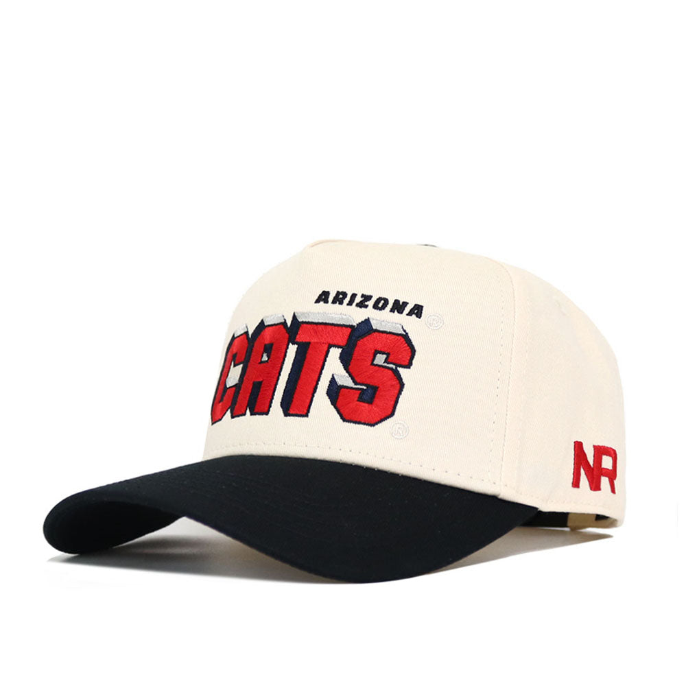 The No Rivals Arizona Alma Mater Hat - Classic is a cream snapback with a black brim, "ARIZONA CATS" bold in red and black on the front, red NR initials on the side, and offers a structured fit for comfort and style.