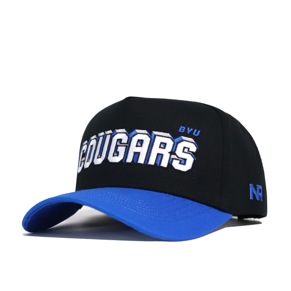 The BYU Courtside Hat is a black snapback with a blue brim, featuring "COUGARS" in bold white letters, "BYU" above in blue, and "NR" embroidered on the side. Made from high-quality cotton and officially licensed.