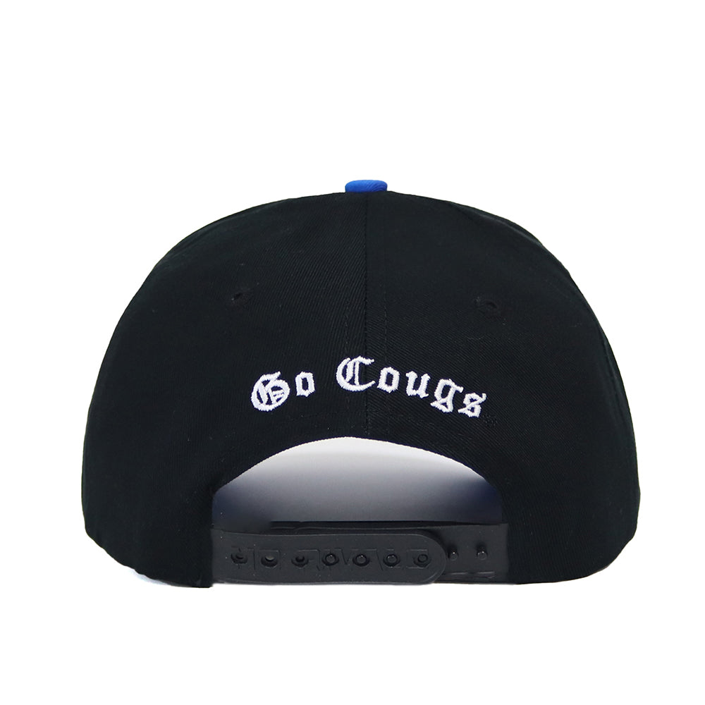 The BYU Courtside Hat is a black adjustable snapback made of quality cotton, shown from the back with "Go Cougs" embroidered in white above the closure.