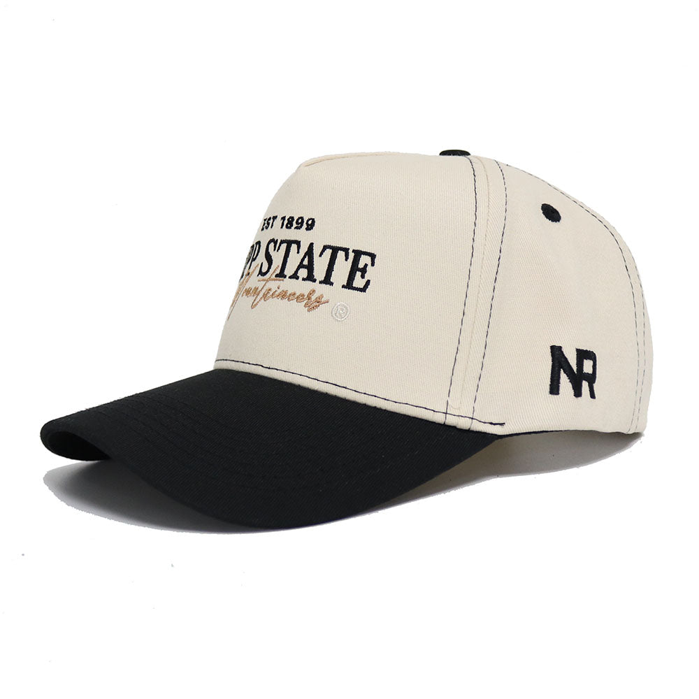 The Appalachian State Vintage Hat by No Rivals is a beige and black cotton snapback with a curved black brim, EST 1899 UP STATE embroidered on the front, NR stitched on the side, and visible stitching details. Structured fit.