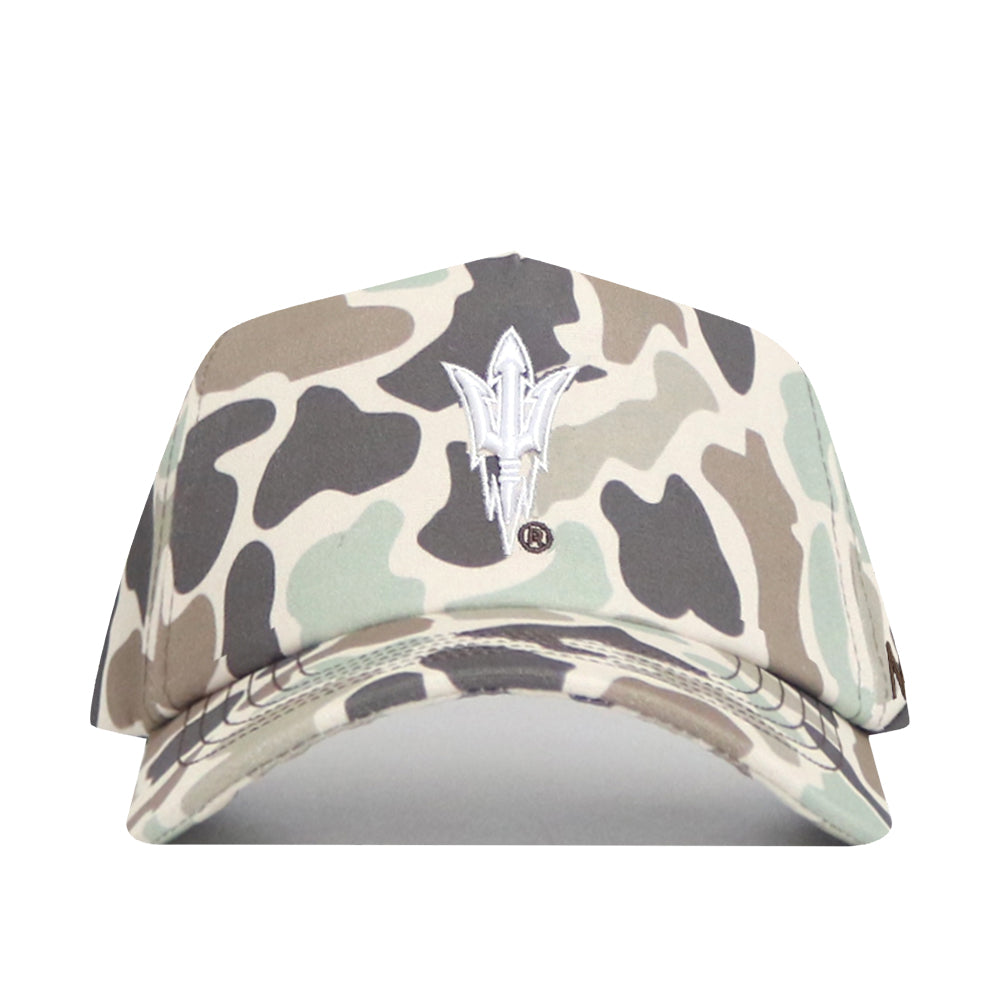 The No Rivals Arizona State Huntsman Hat is a 5-panel Duck Camo cap with a white embroidered trident on the front and an adjustable snap back for a custom fit.