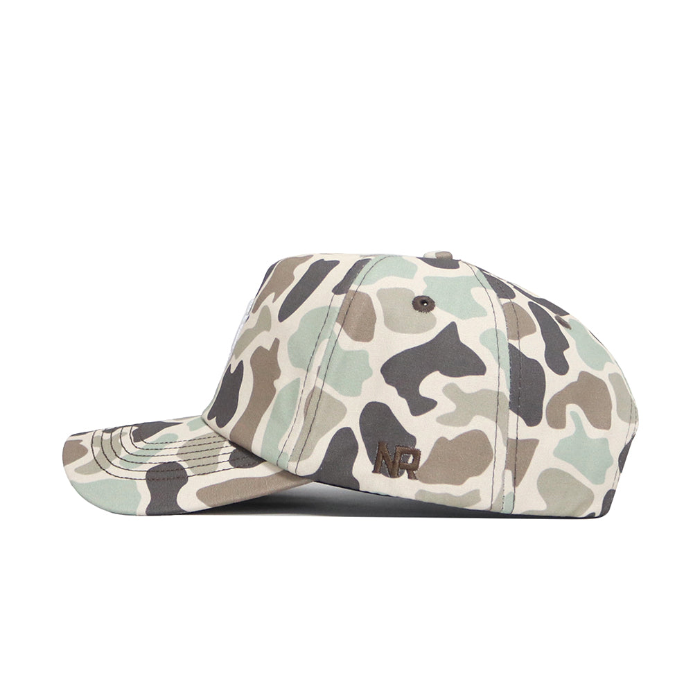 The No Rivals Arizona State Huntsman Hat is a 5-panel snapback with green, beige, brown, and black duck camo. It features "NR" embroidered in brown on the side and is shown from a side view.