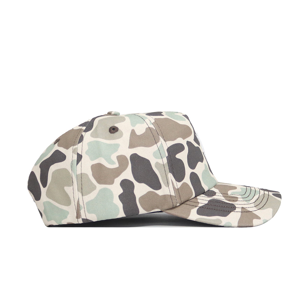 The No Rivals Arizona State Huntsman Hat is a 5-panel cap with a duck camo pattern in green, beige, brown, and black, shown in side profile with a snapback closure against a white background.