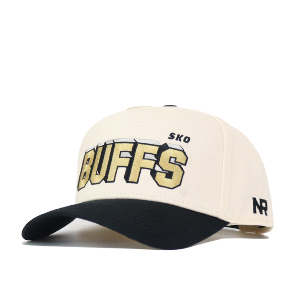 The Colorado Alma Mater Hat is a cream and black snapback featuring "SKO BUFFS" embroidered in gold and black on the front, "NR" stitched in black on the side, and crafted from high-quality cotton for a structured fit.