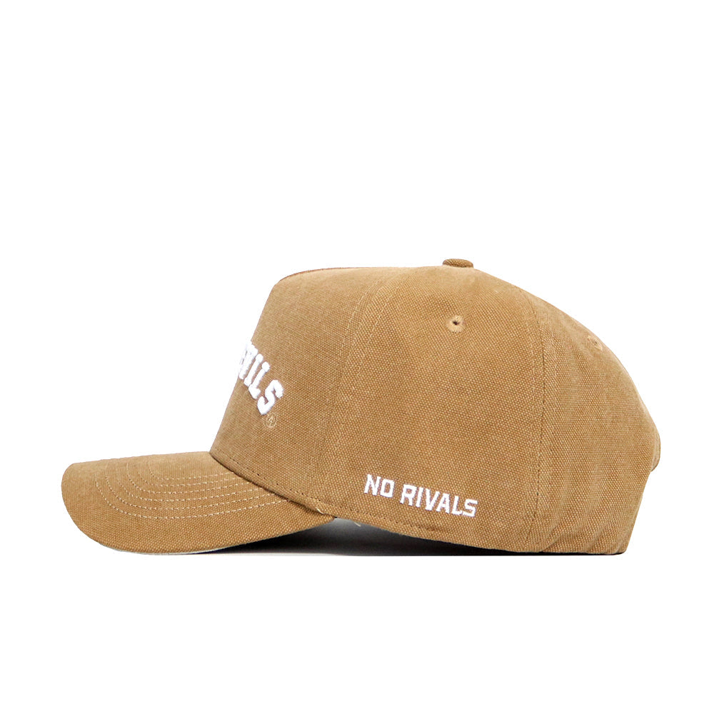 The Arizona State Rustic Hat by No Rivals is a tan cotton canvas snapback with a structured fit, curved brim, and white embroidered NO RIVALS text on the side and front. Shown in side profile against a white background.