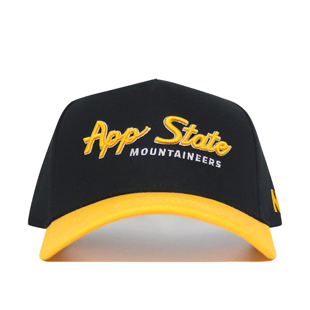 The No Rivals App State Retro Script Hat is a black cotton snapback with a yellow brim, featuring "App State Mountaineers" embroidered in yellow and white. Officially licensed—perfect for true fans.