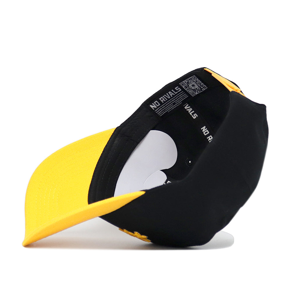 An App State Retro Script Hat by No Rivals lies upside down, showing its inner lining and label. The cap features a bright yellow brim, black high-quality cotton body, and snapback closure.