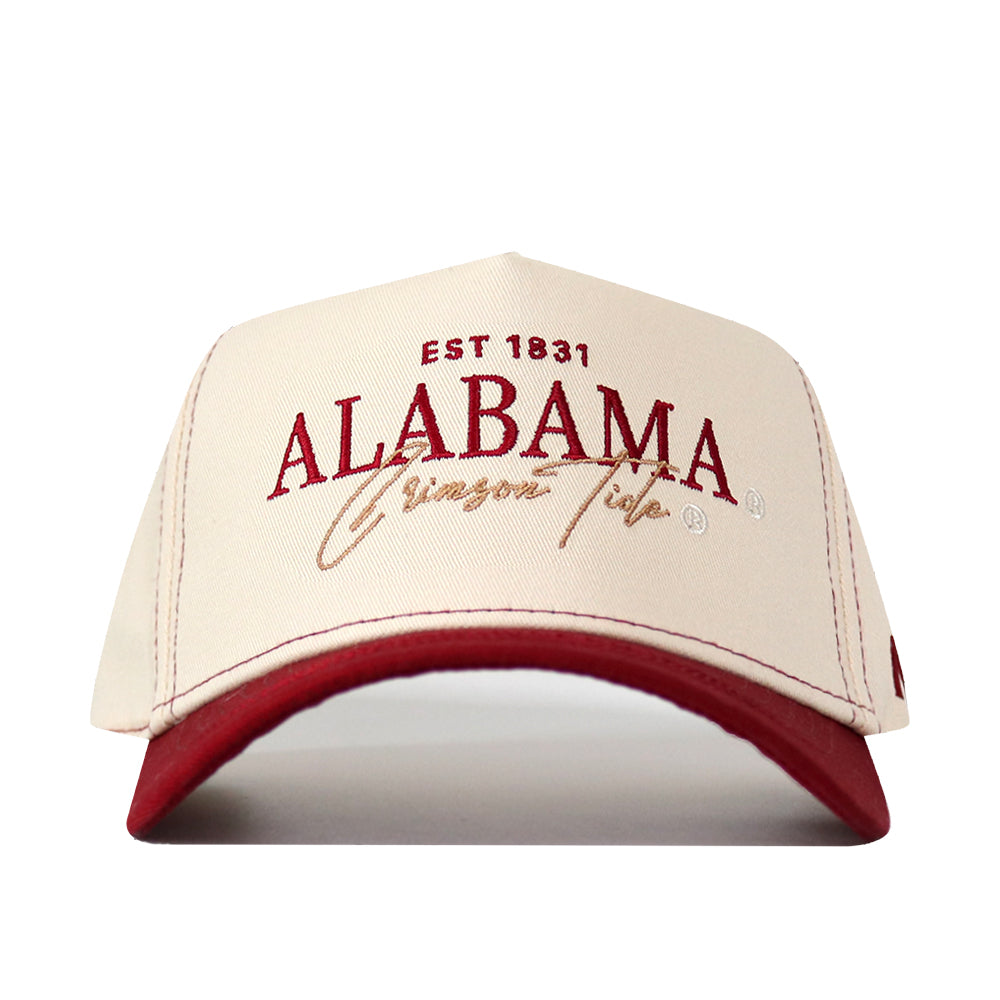 The Alabama Vintage Hat by No Rivals is a cream and maroon snapback crafted from high quality cotton, with ALABAMA Crimson Tide and EST 1831 embroidered in red and gold. This officially licensed cap shows true team spirit.