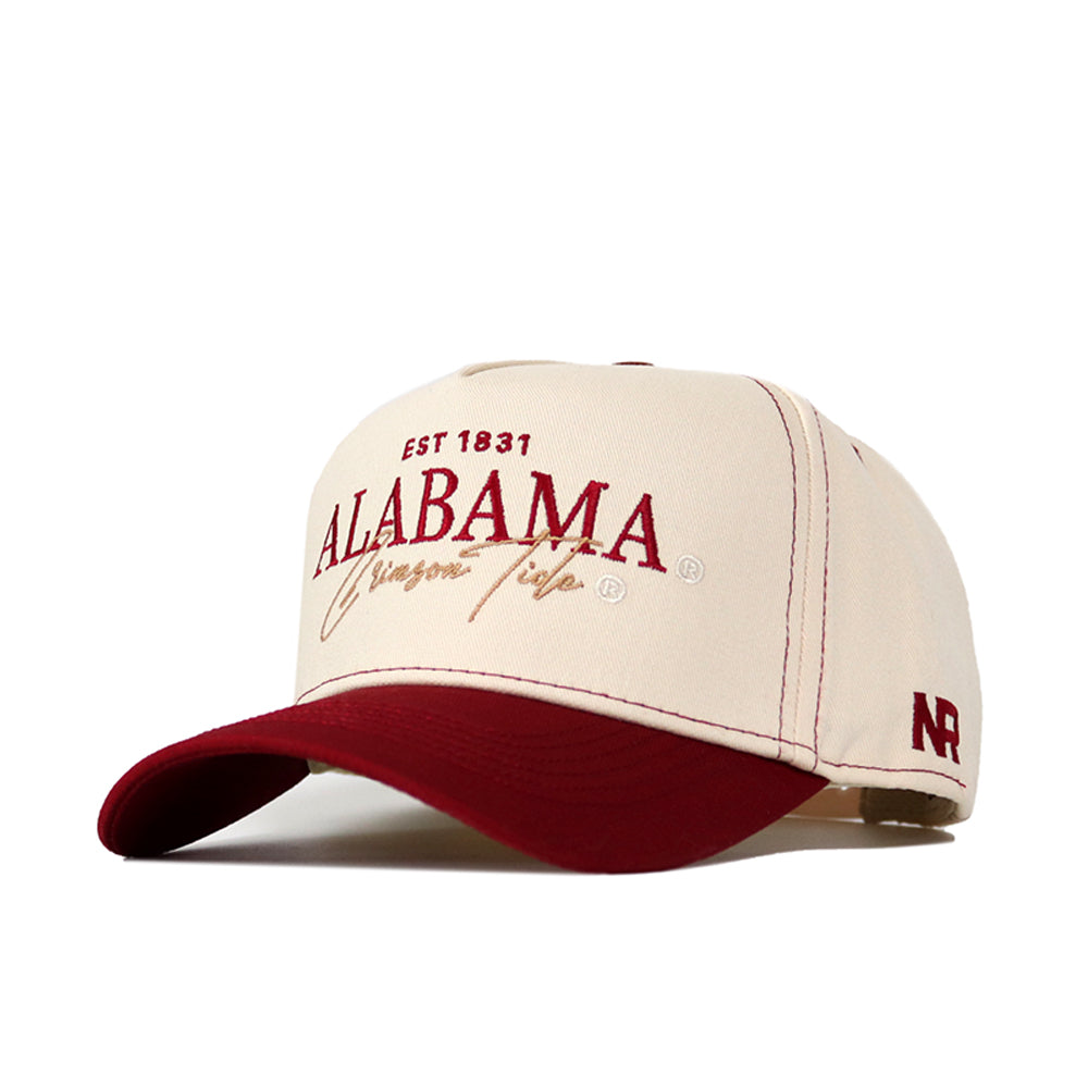 The Alabama Vintage Hat by No Rivals features cream and maroon colors, ALABAMA Crimson Tide EST 1831 embroidered on front, NR on the side, and is crafted from high-quality cotton for ultimate comfort.