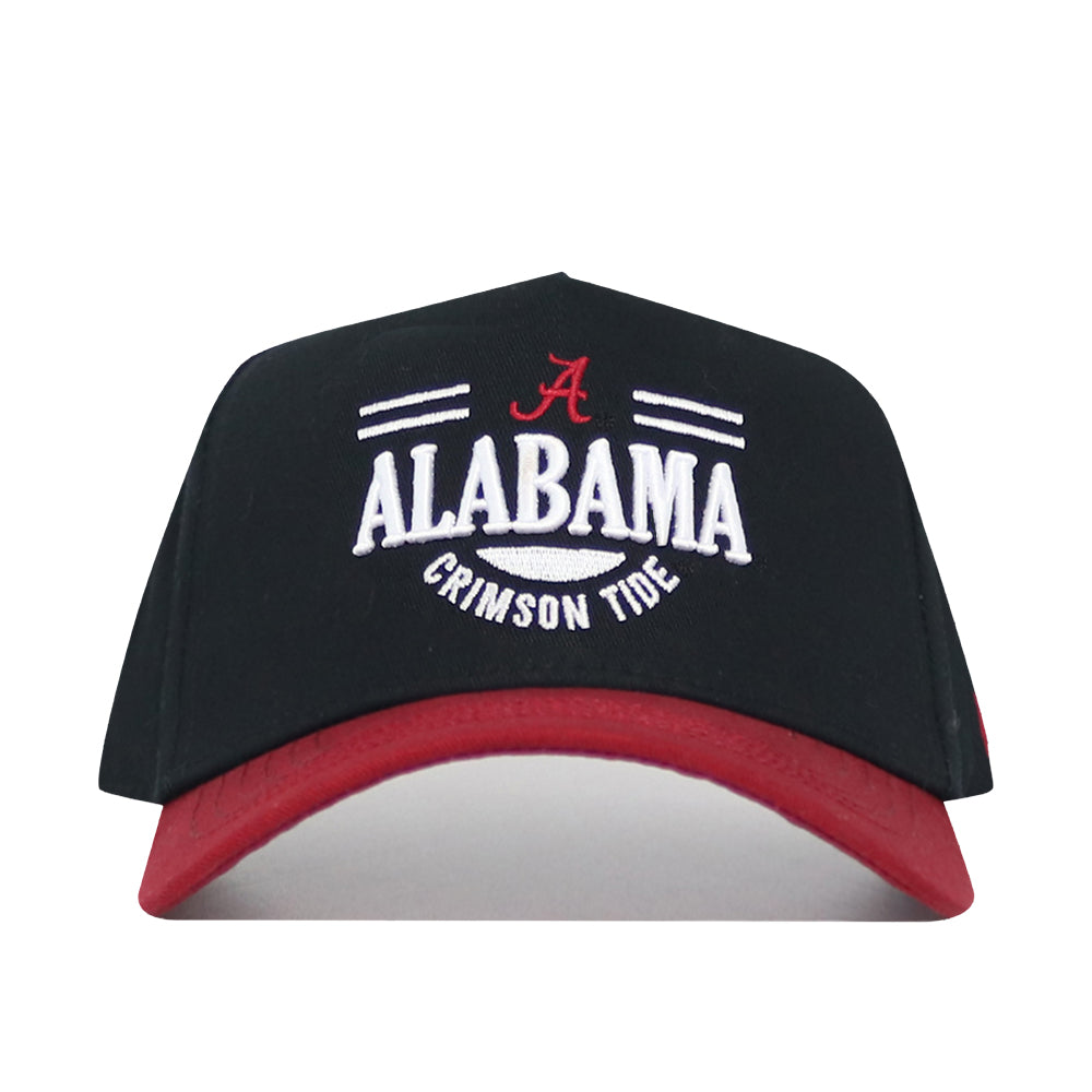 The No Rivals Alabama Tailgate Hat is a black and red snapback featuring an embroidered red A above white Alabama Crimson Tide lettering on the front, crafted from high-quality cotton for a structured fit.
