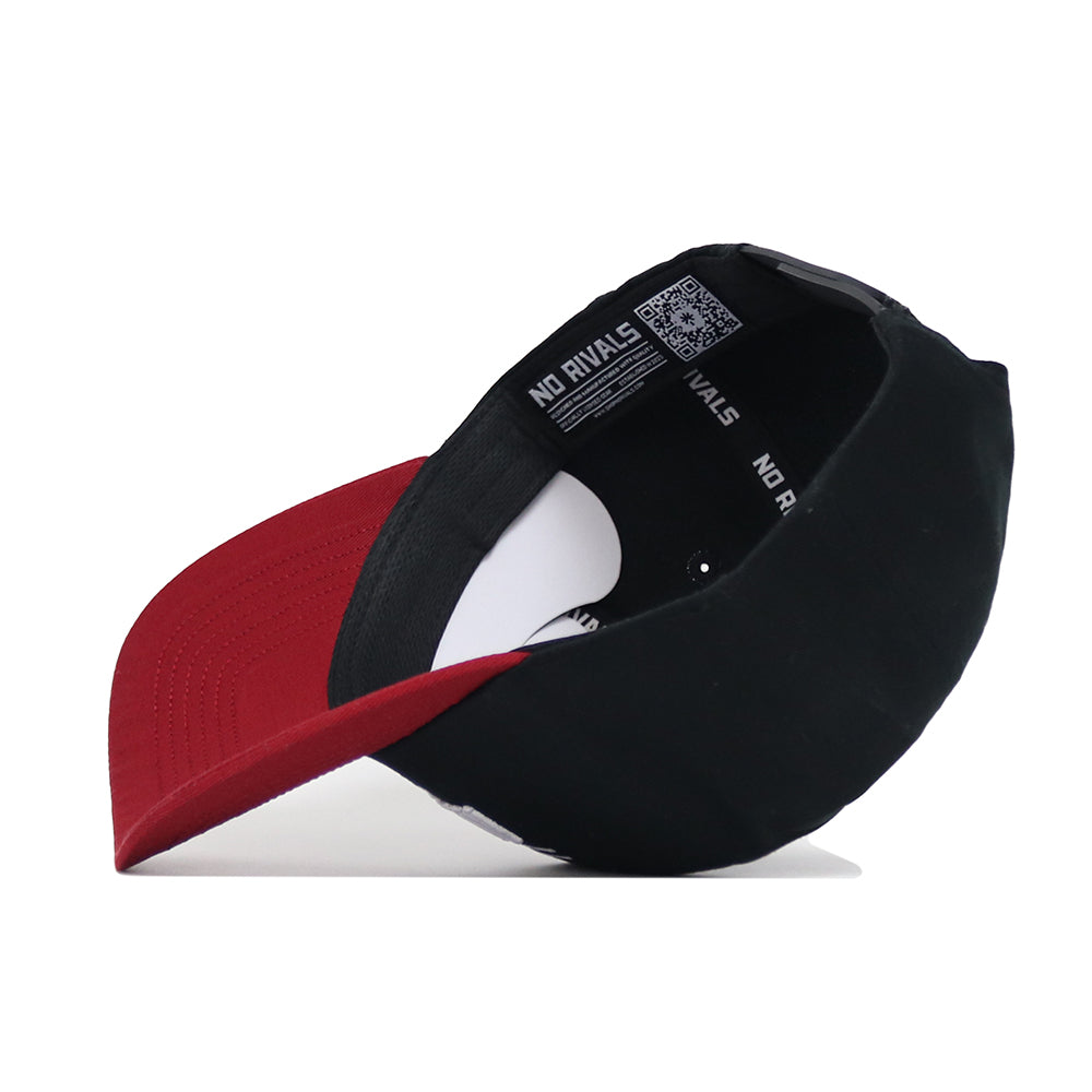 The Alabama Tailgate Hat by No Rivals is a black snapback with a red brim, shown upside down to display the inside NO RIVALS label and an adjustable strap at the back for a structured fit.