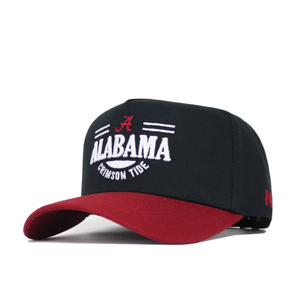 The No Rivals Alabama Tailgate Hat is a black snapback with a red brim, made from quality cotton. It features white “Alabama Crimson Tide” embroidery and a red letter A for a structured, classic look.