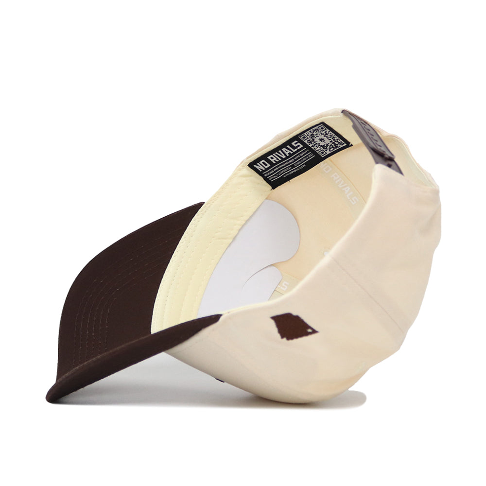 The Arkansas Espresso Hat by No Rivals is flipped upside down to show its inner lining and labels. Crafted from high-quality cotton, the inside features "NO RIVALS" text and a dark brown bill.