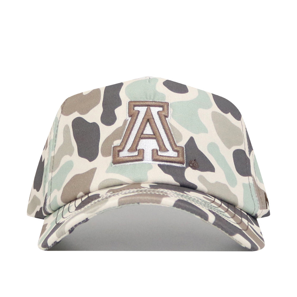 The No Rivals Arizona Huntsman Hat is a 5-panel baseball cap in duck camo shades of green, beige, and brown, featuring a large embroidered letter A on the front.