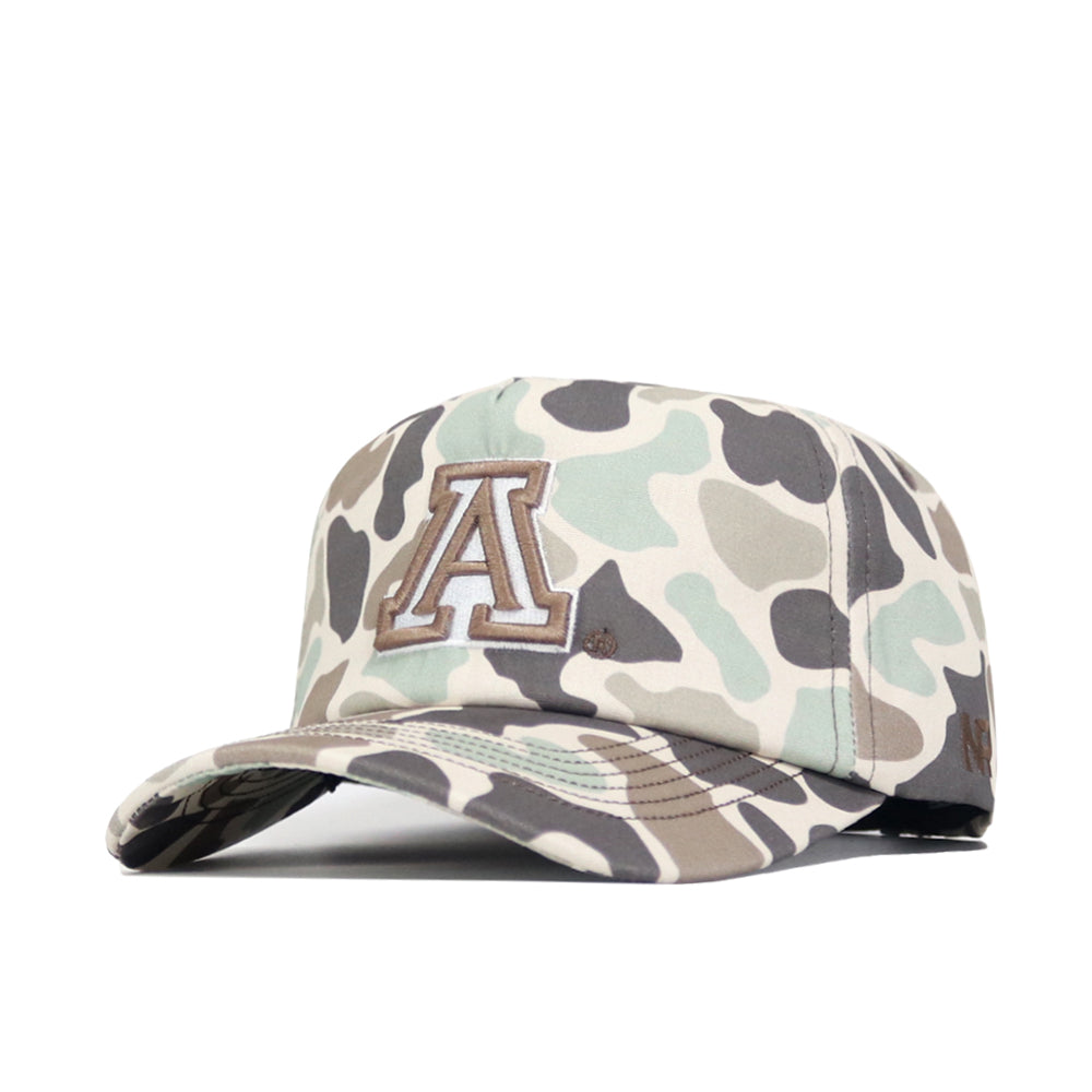 The No Rivals Arizona Huntsman Hat is a 5-panel baseball cap in green, beige, and brown camo with a large embroidered A on the front and a curved brim.