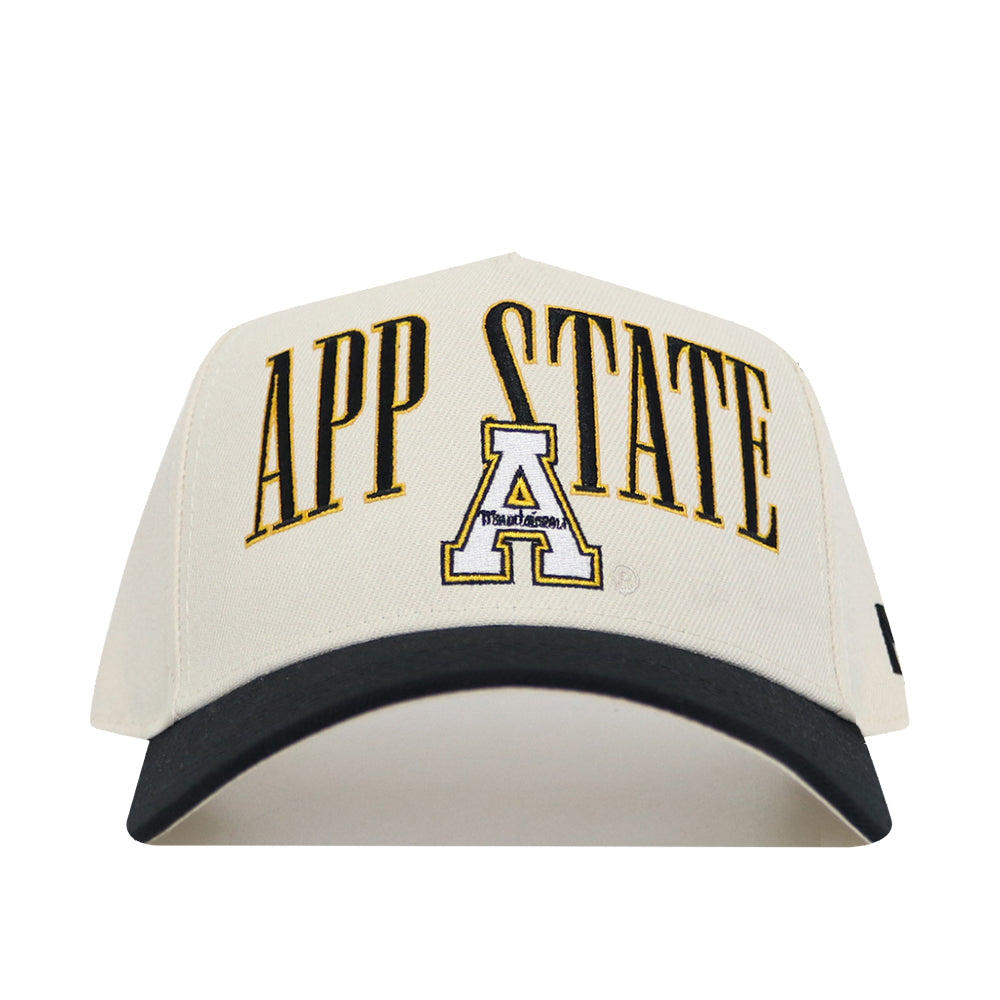 The No Rivals App State Retro Block Hat is a structured white snapback baseball cap with APP STATE in bold black and gold letters, a black visor, and the Appalachian State A logo centered below the text.