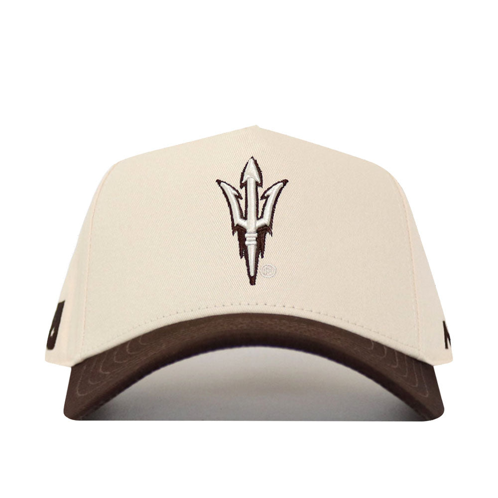 The No Rivals Arizona State Espresso Hat is a white cotton cap with a brown bill and a stitched trident logo on the front.