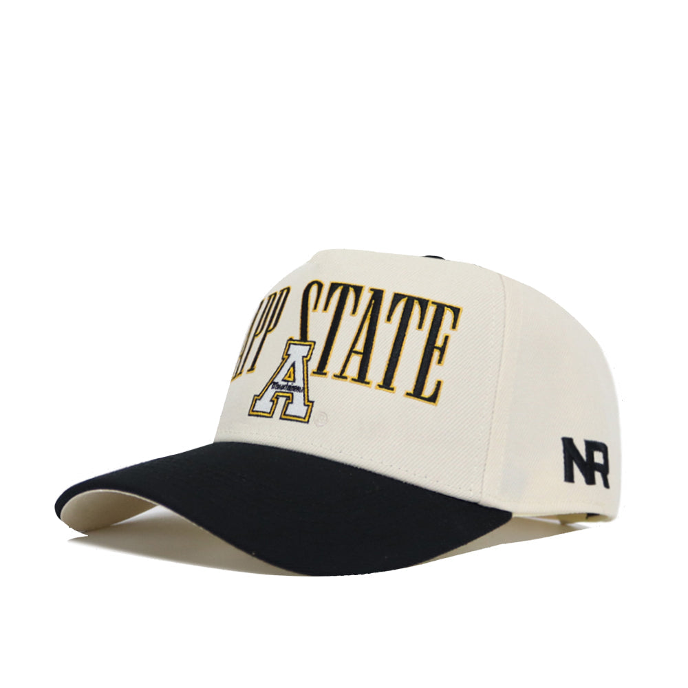 The No Rivals App State Retro Block Hat is a white and black snapback with a structured fit, made from a durable acrylic wool blend.