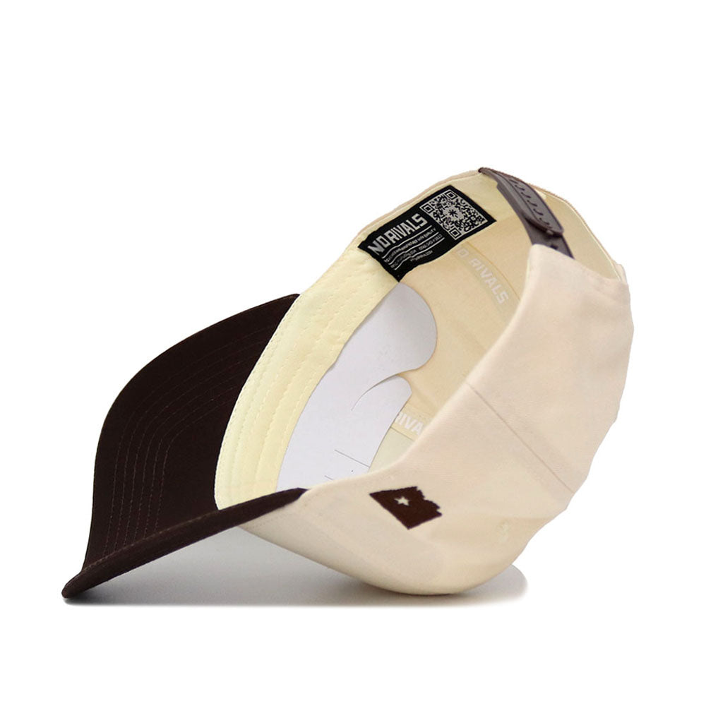 The No Rivals Arizona State Espresso Hat is shown upside down, featuring interior labels, an adjustable snap back strap, a brown logo patch on the side, and a brown underside brim. Made from high-quality cotton for lasting comfort.