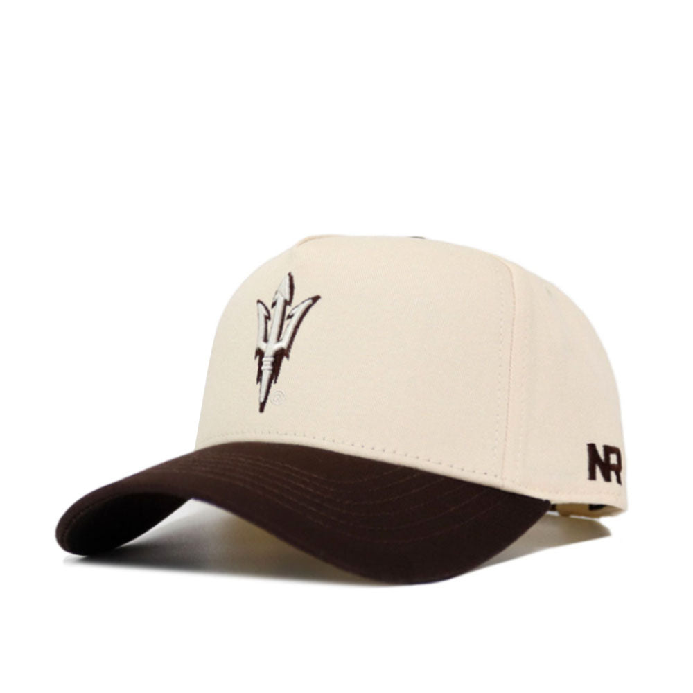 The Arizona State Espresso Hat by No Rivals is a beige snapback baseball cap with a dark brown brim, an embroidered trident logo on the front, and NR initials stitched on the side, crafted from high-quality cotton.